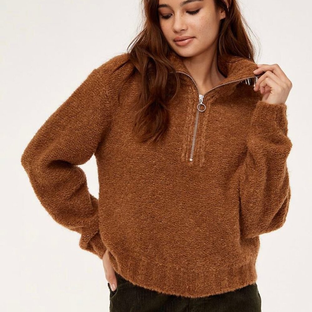Aritzia Wilfred Free Gwyneth 1/2 Zip Sweater Alpaca Merino Wool Brown
